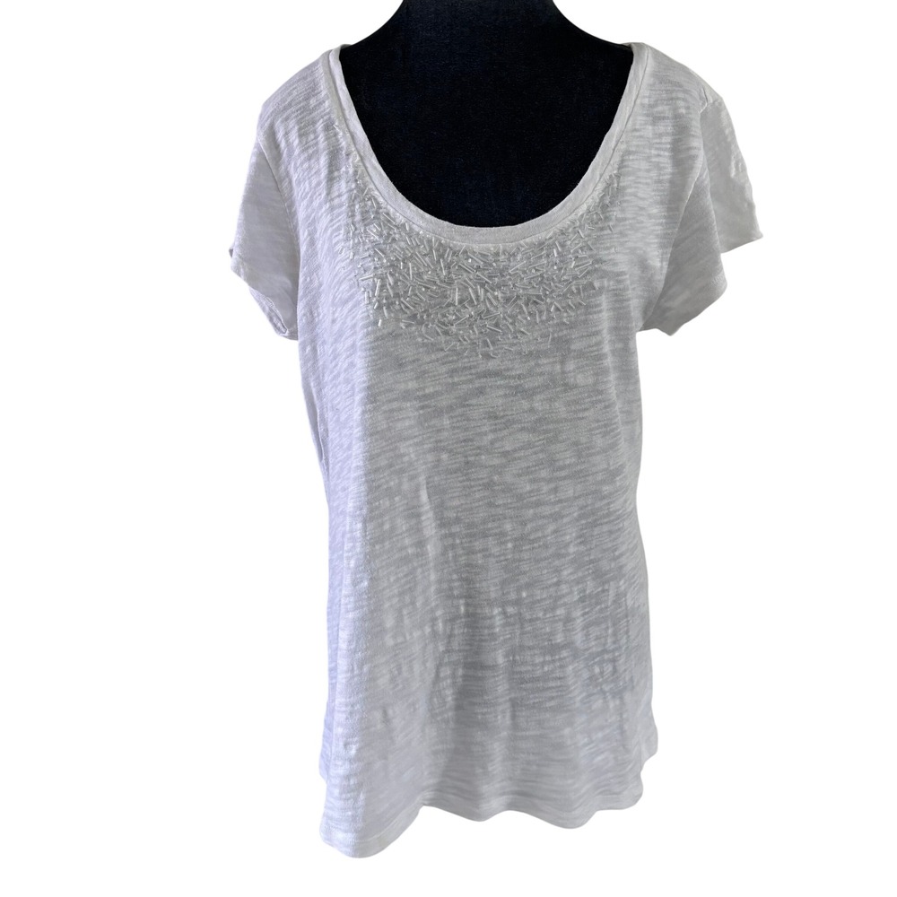 Caslon Coastal Boho XL White Beaded Scoop Neck Short Sleeve Burnout Cotton‎ Tee